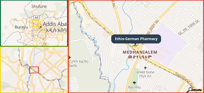 Map showing the address of Ethio-German Pharmacy in three different zoom levels.