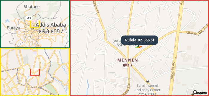 Map showing the address of Gulele_02_366 St in three different zoom levels.