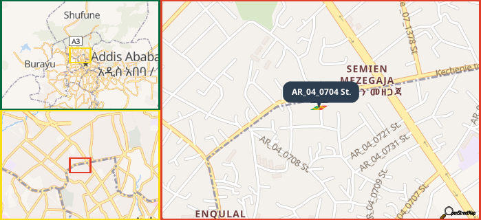 Map showing the address of AR_04_0704 St. in three different zoom levels.