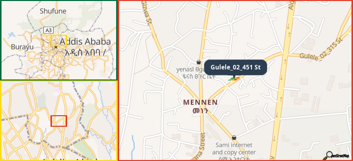 Map showing the address of Gulele_02_451 St in three different zoom levels.