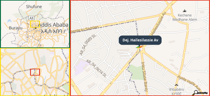 Map showing the address of Dej. Hailesilassie Av in three different zoom levels.