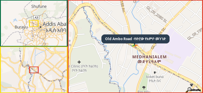 Map showing the address of Old Ambo Road -የድሮው የአምቦ መንገድ in three different zoom levels.