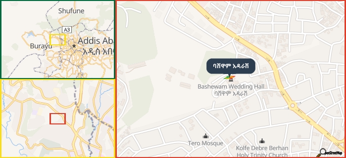 Map showing the address of ባሸዋም አዳራሽ in three different zoom levels.