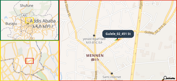 Map showing the address of Gulele_02_451 St in three different zoom levels.