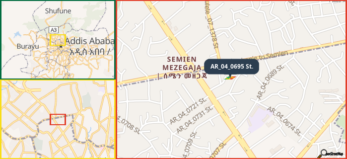 Map showing the address of AR_04_0695 St. in three different zoom levels.