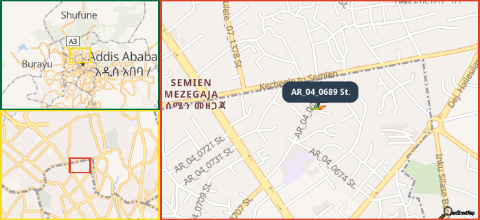 Map showing the address of AR_04_0689 St. in three different zoom levels.