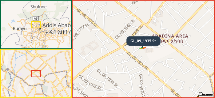 Map showing the address of GL_09_1935 St. in three different zoom levels.