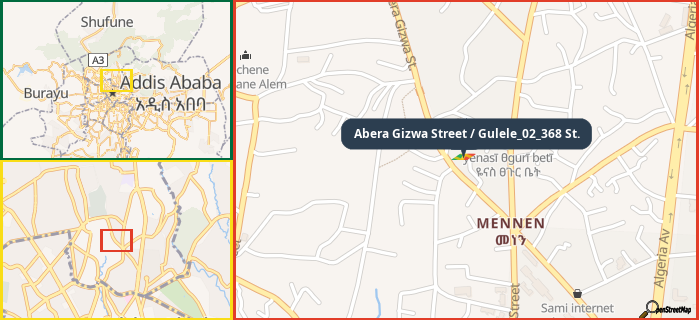 Map showing the address of Abera Gizwa Street / Gulele_02_368 St. in three different zoom levels.