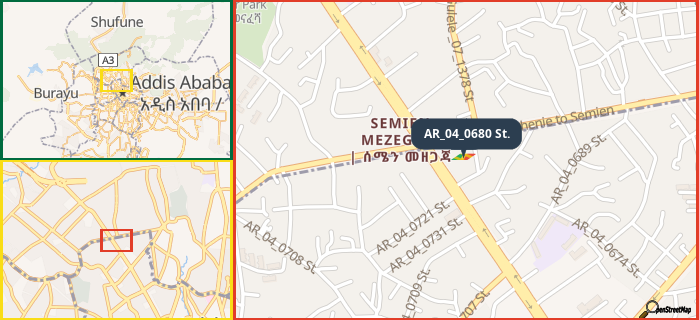 Map showing the address of AR_04_0680 St. in three different zoom levels.