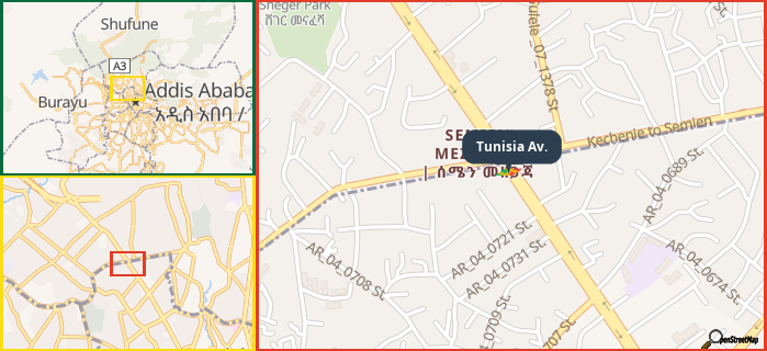 Map showing the address of Tunisia Av. in three different zoom levels.