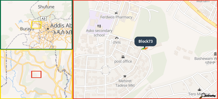 Map showing the address of Block73 in three different zoom levels.