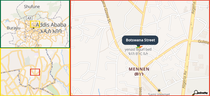Map showing the address of Botswana Street in three different zoom levels.