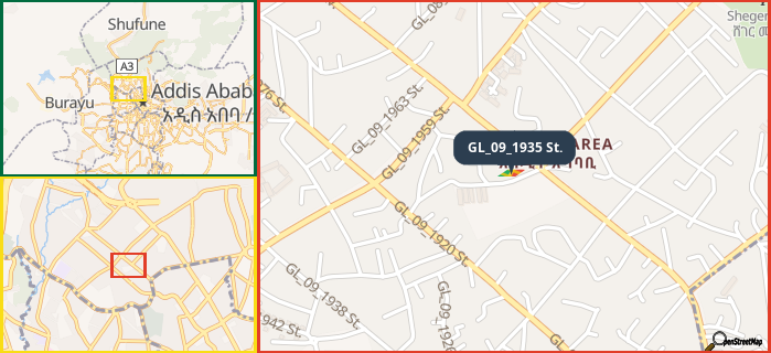 Map showing the address of GL_09_1935 St. in three different zoom levels.