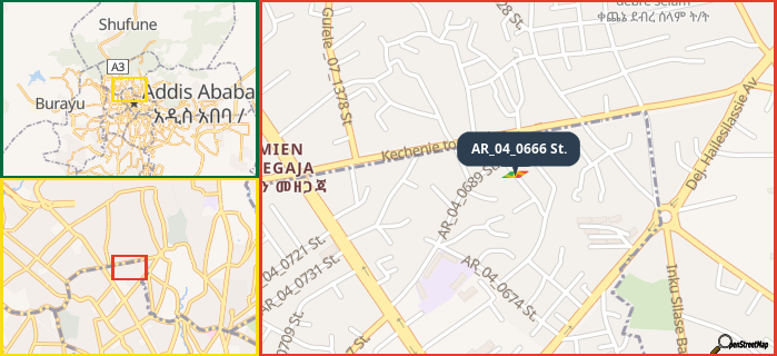 Map showing the address of AR_04_0666 St. in three different zoom levels.