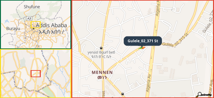 Map showing the address of Gulele_02_371 St in three different zoom levels.