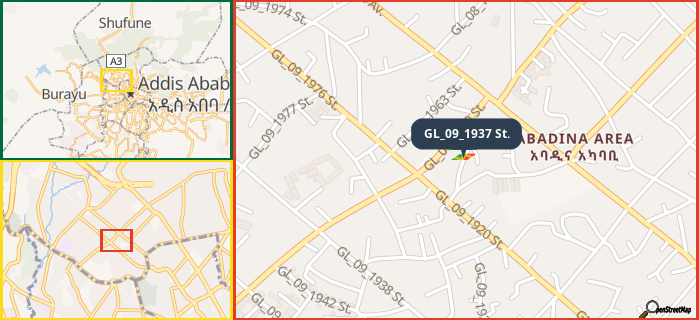 Map showing the address of GL_09_1937 St. in three different zoom levels.