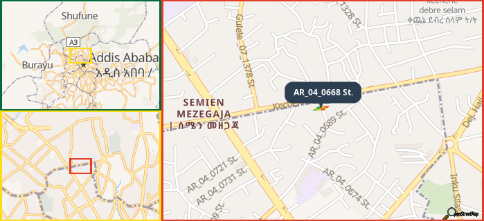 Map showing the address of AR_04_0668 St. in three different zoom levels.