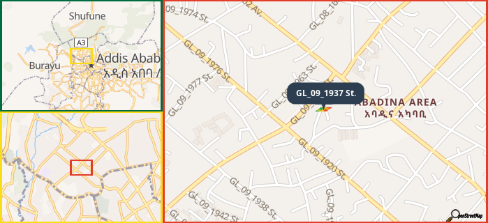 Map showing the address of GL_09_1937 St. in three different zoom levels.