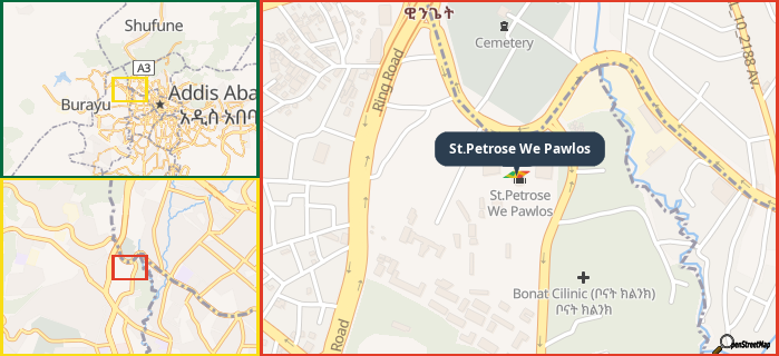 Map showing the address of St.Petrose We Pawlos in three different zoom levels.