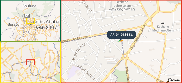 Map showing the address of AR_04_0654 St. in three different zoom levels.