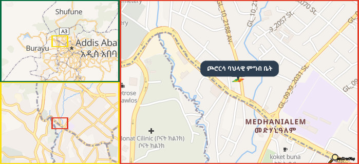 Map showing the address of ጮሮርሳ ባህላዊ ምግብ ቤት in three different zoom levels.