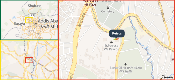 Map showing the address of Petros in three different zoom levels.