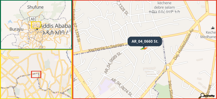 Map showing the address of AR_04_0660 St. in three different zoom levels.