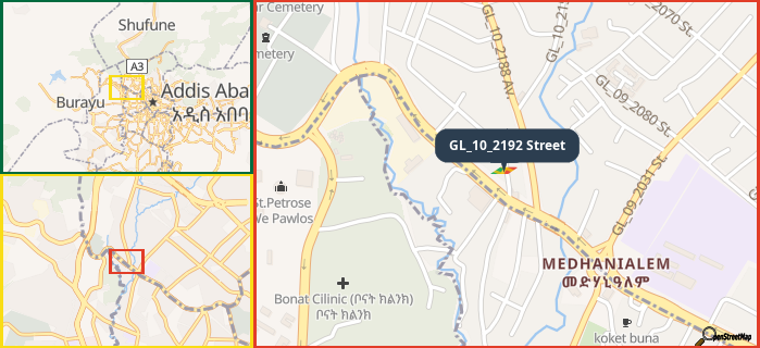 Map showing the address of GL_10_2192 Street in three different zoom levels.