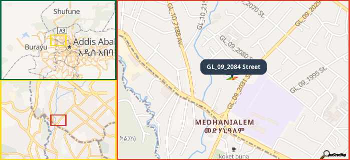 Map showing the address of GL_09_2084 Street in three different zoom levels.
