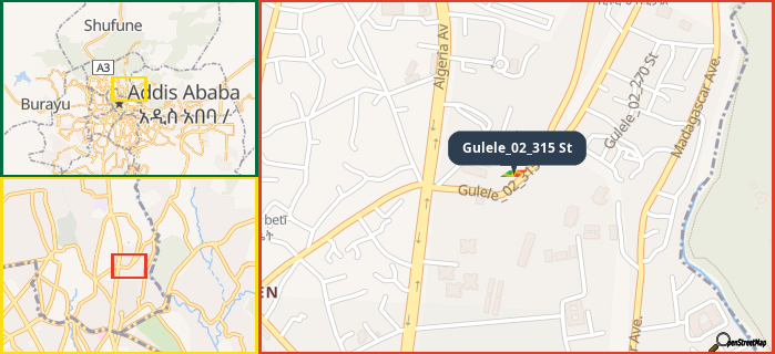 Map showing the address of Gulele_02_315 St in three different zoom levels.