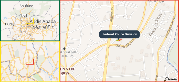 Map showing the address of Federal Police Division in three different zoom levels.