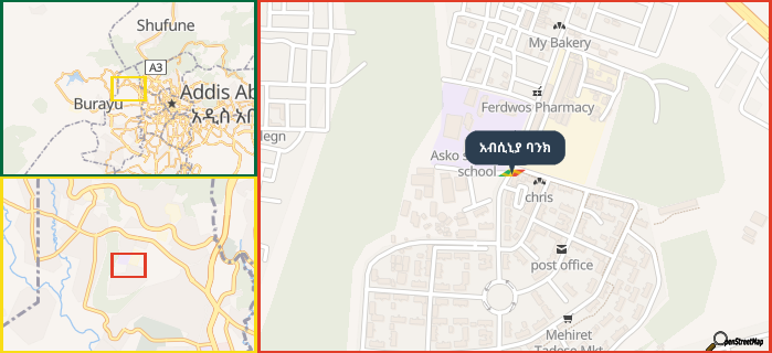 Map showing the address of አብሲኒያ ባንክ in three different zoom levels.