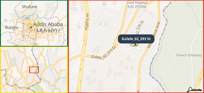 Map showing the address of Gulele_02_293 St in three different zoom levels.