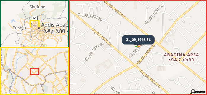 Map showing the address of GL_09_1963 St. in three different zoom levels.