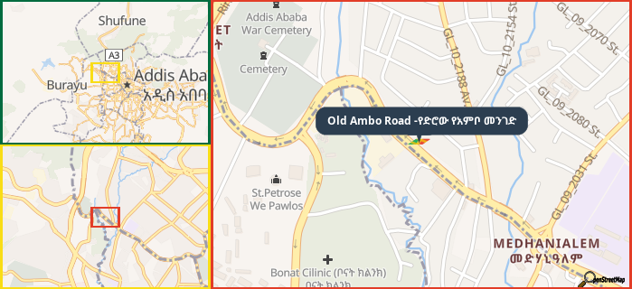 Map showing the address of Old Ambo Road -የድሮው የአምቦ መንገድ in three different zoom levels.