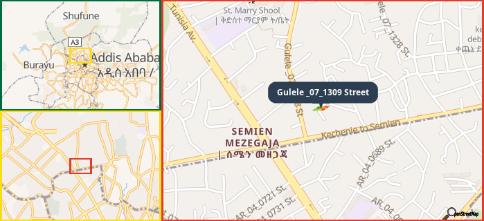Map showing the address of Gulele _07_1309 Street in three different zoom levels.