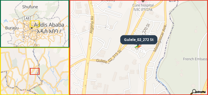 Map showing the address of Gulele_02_272 St in three different zoom levels.