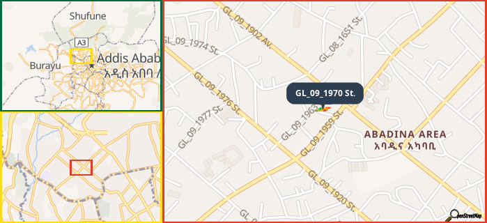 Map showing the address of GL_09_1970 St. in three different zoom levels.