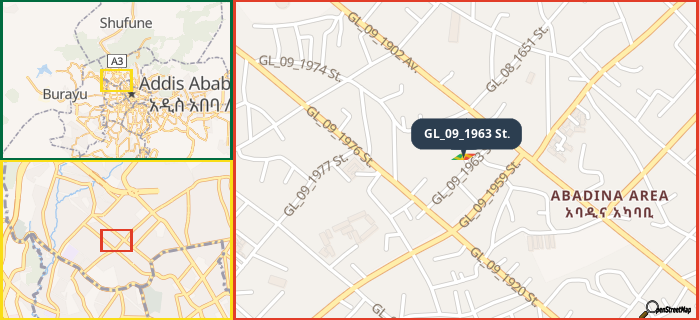 Map showing the address of GL_09_1963 St. in three different zoom levels.