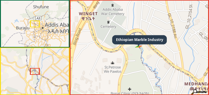 Map showing the address of Ethiopian Marble Industry in three different zoom levels.