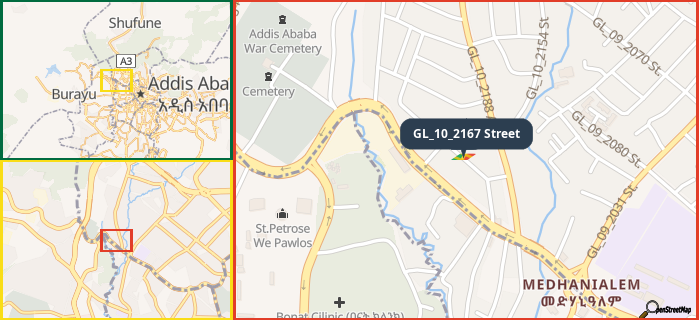 Map showing the address of GL_10_2167 Street in three different zoom levels.