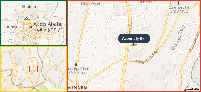 Map showing the address of Assembly Hall in three different zoom levels.