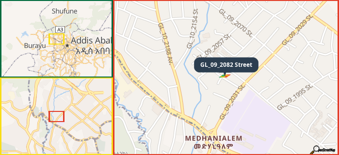 Map showing the address of GL_09_2082 Street in three different zoom levels.