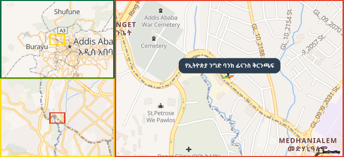 Map showing the address of የኢትዮጵያ ንግድ ባንክ ፊናንስ ቅርንጫፍ in three different zoom levels.