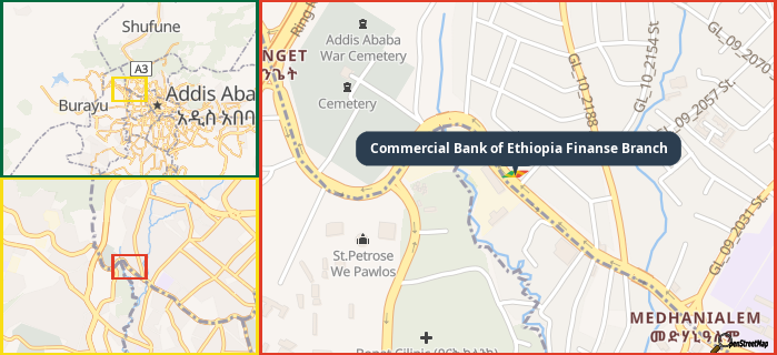 Map showing the address of Commercial Bank of Ethiopia Finanse Branch in three different zoom levels.