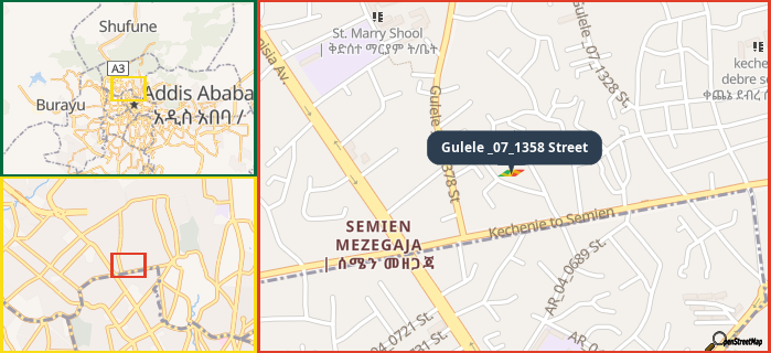 Map showing the address of Gulele _07_1358 Street in three different zoom levels.