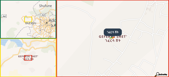 Map showing the address of ገፈርሳ ሸት in three different zoom levels.