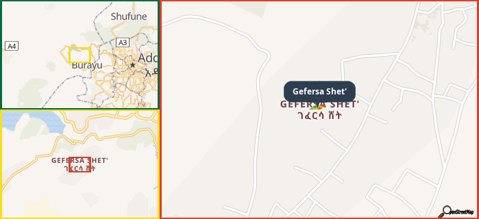 Map showing the address of Gefersa Shet' in three different zoom levels.