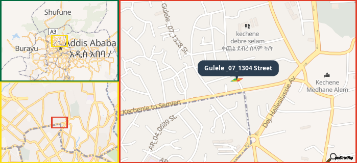 Map showing the address of Gulele _07_1304 Street in three different zoom levels.