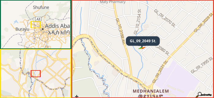 Map showing the address of GL_09_2049 St. in three different zoom levels.